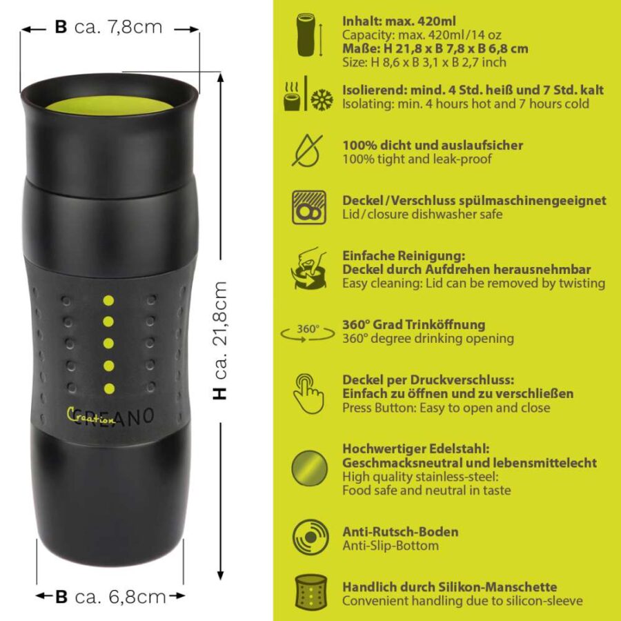 Thermobecher Thermoskanne Design Travel Mug 420ml, grün / pink / schwarz
