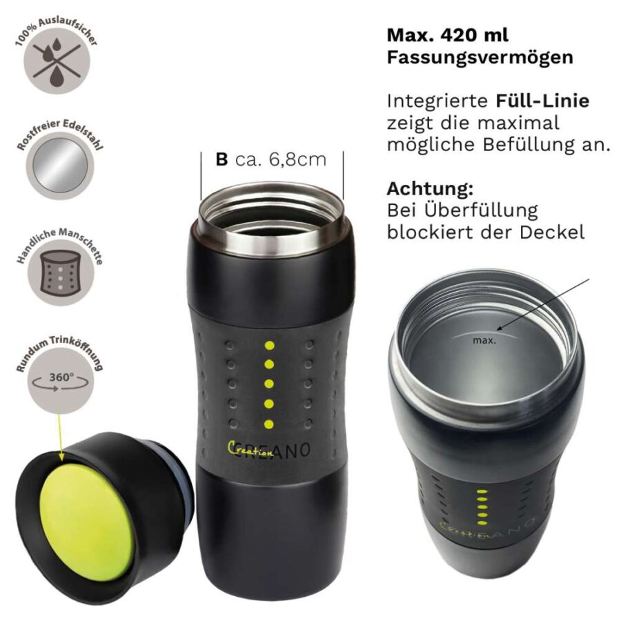 Thermobecher Thermoskanne Design Travel Mug 420ml, grün / pink / schwarz