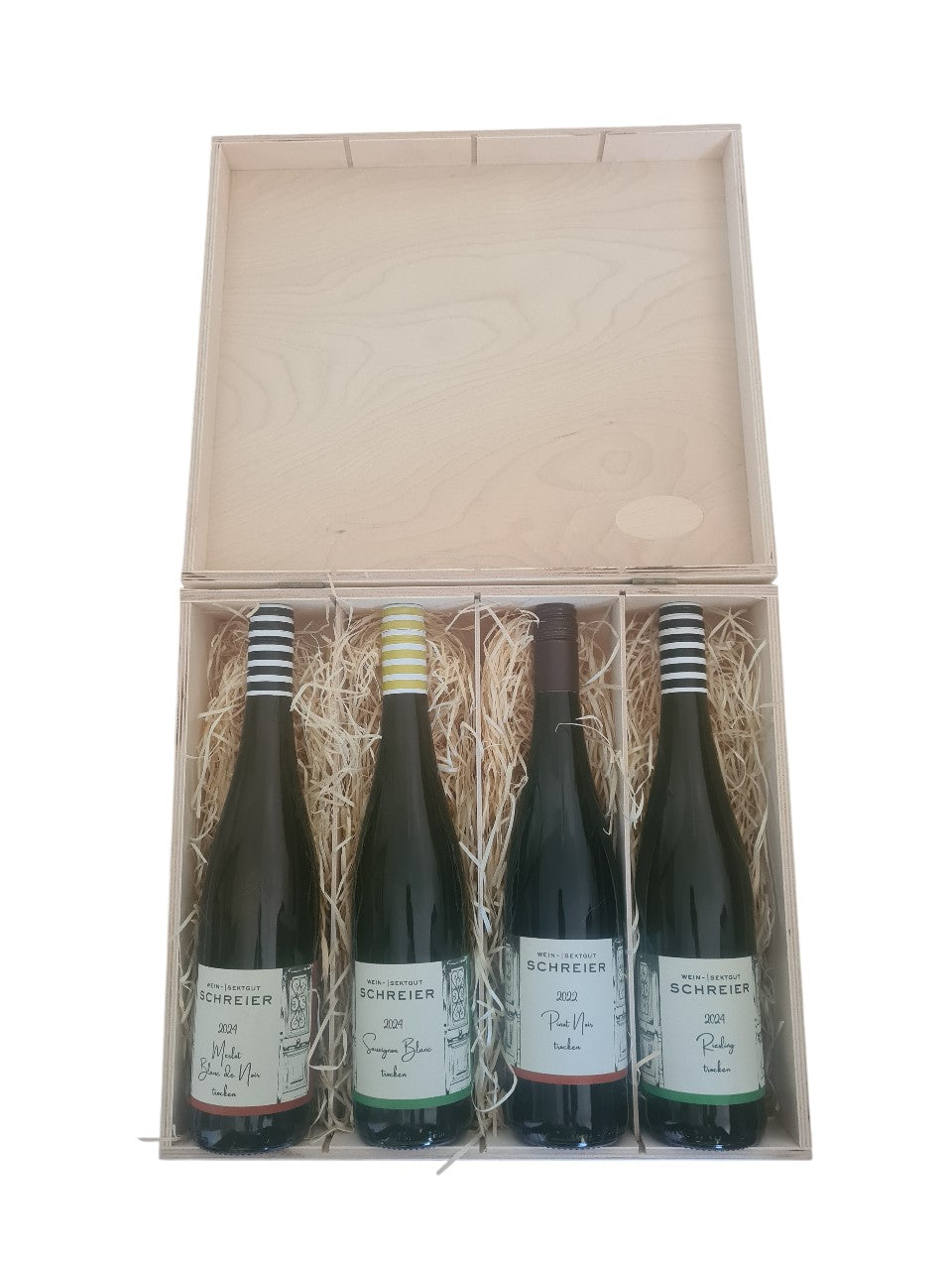 Holzbox mit Klappdeckel incl. Sauvigon Blanc, Merlot Blanc, Pinot Noir, Riesling
