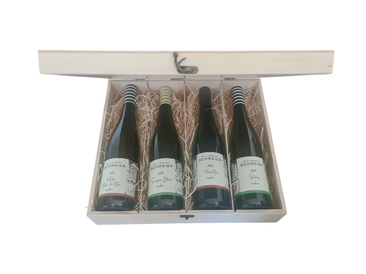 Holzbox mit Klappdeckel incl. Sauvigon Blanc, Merlot Blanc, Pinot Noir, Riesling