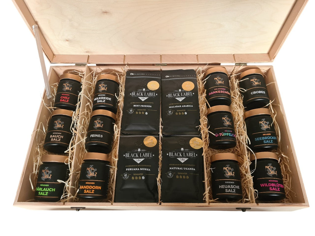 Geschenk Holzbox mit 12 Gewürzmischungen und 4x 100g Black Label Coffee Malabar