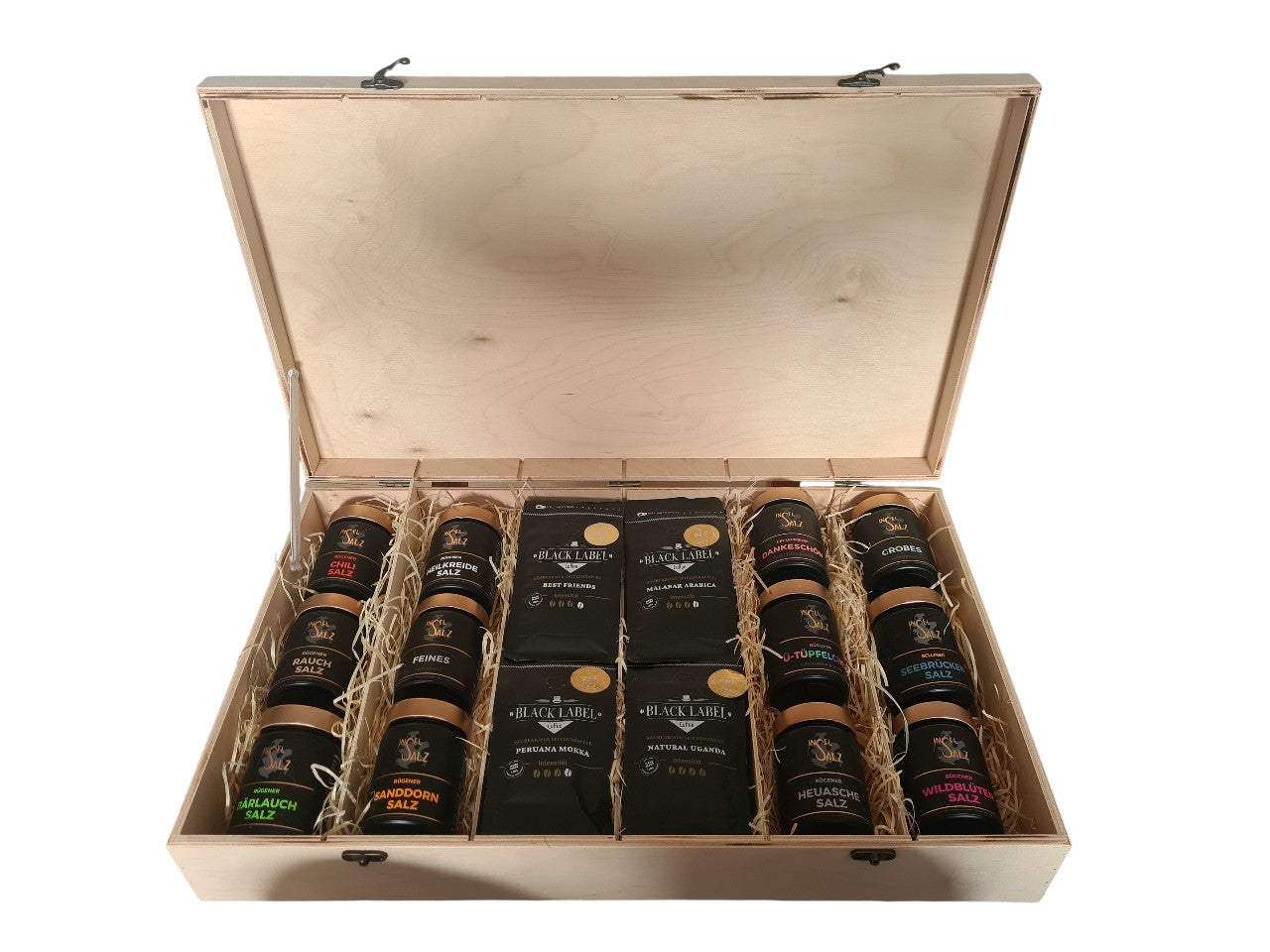 Geschenk Holzbox mit 12 Gewürzmischungen und 4x 100g Black Label Coffee Malabar