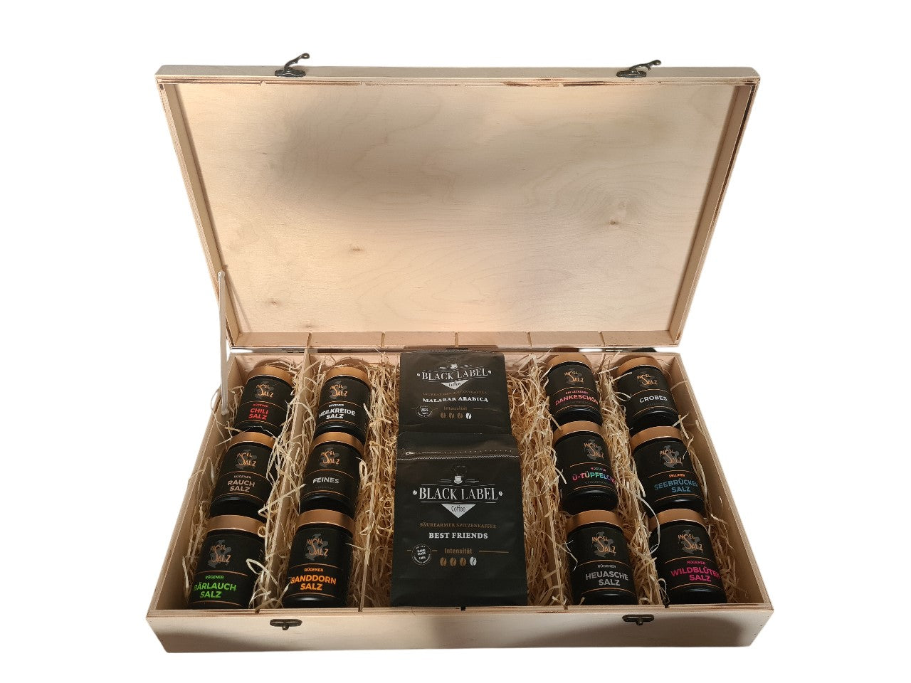 Geschenk Holzbox mit 12 Gewürzmischungen und 2x 330g Black Label Coffee Malabar