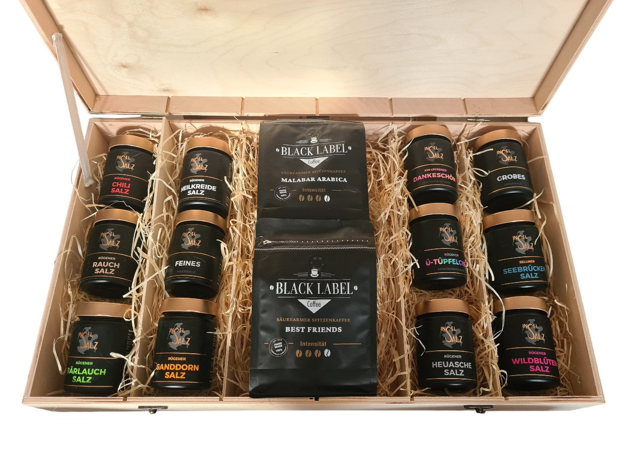 Geschenk Holzbox mit 12 Gewürzmischungen und 2x 330g Black Label Coffee Malabar