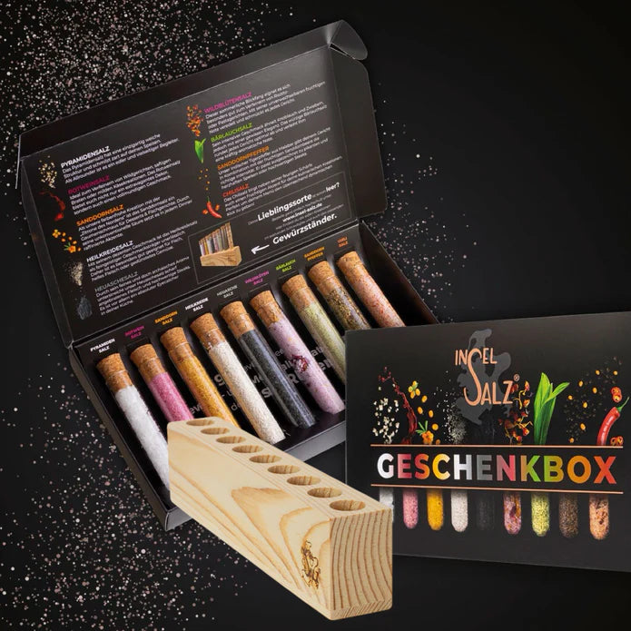 Rügener Inselsalz  GESCHENKBOX - 9 Röhrchen + GEWÜRZSTÄNDER