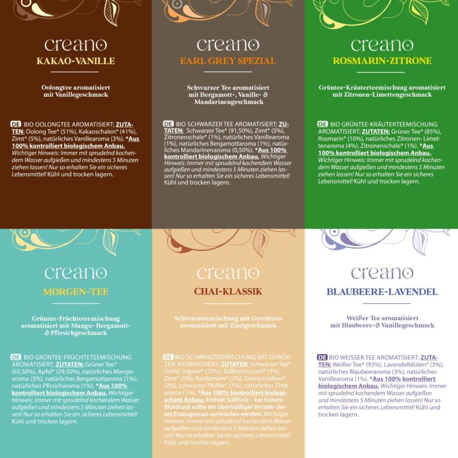 Creano Bio Geschenkset ORGANIC TEA BLEND 24 BioTeebeutel in 6 unterschiedlichen Sorten  96g
