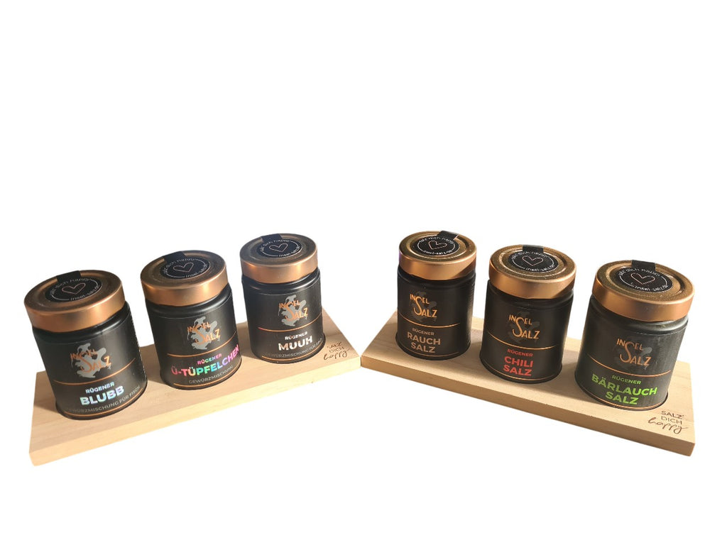 Rügener Inselsalz  Geschenk 6er Gewürzmischung + Eichenbrett