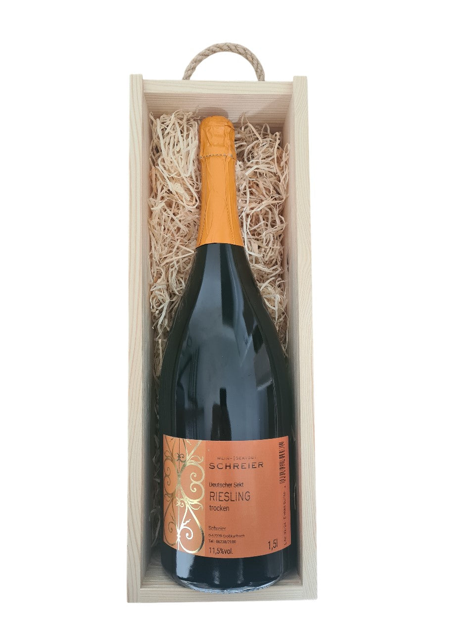 Magnum Sektflasche 1,5 Liter Riesling trocken mit Holzbox