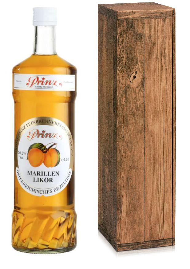 Geschenkbox in Holzoptik Prinz Marillenlikör 20,5 % Vol. 1 Liter-Flasche