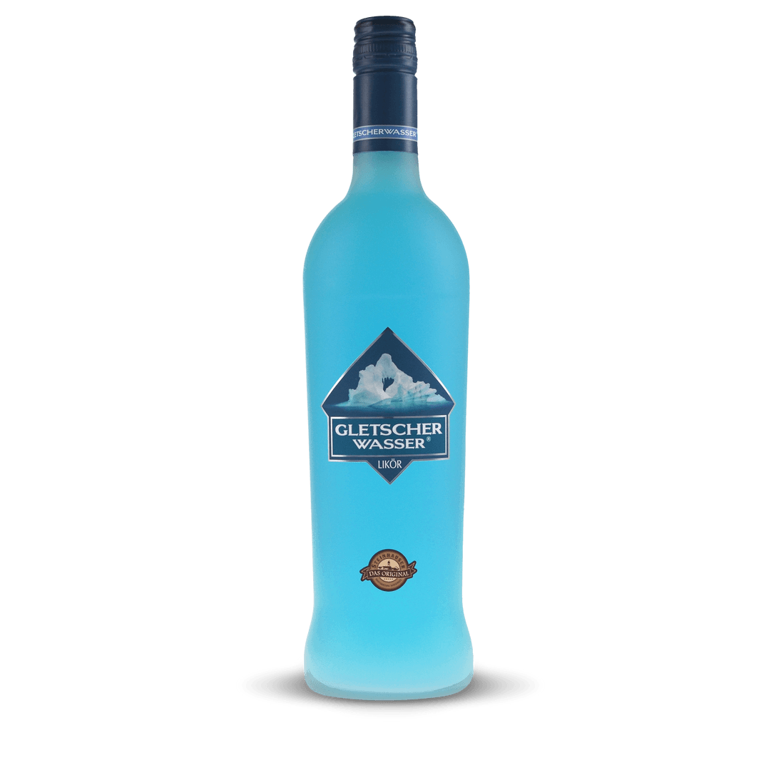 Gletscherwasser Likör in einer Holzbox mit Verschluss