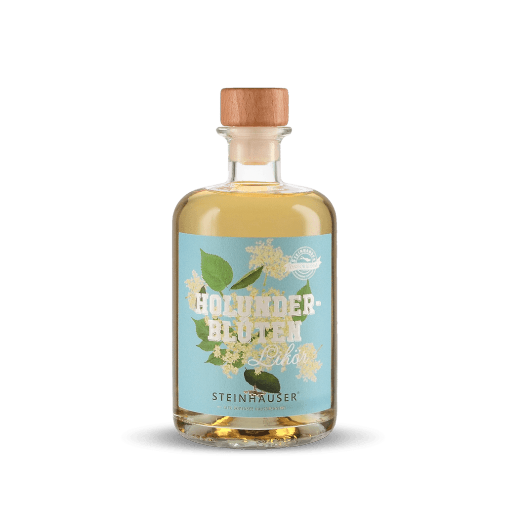 Steinhauser Holunderblüten Likör in der Apothekerflasche