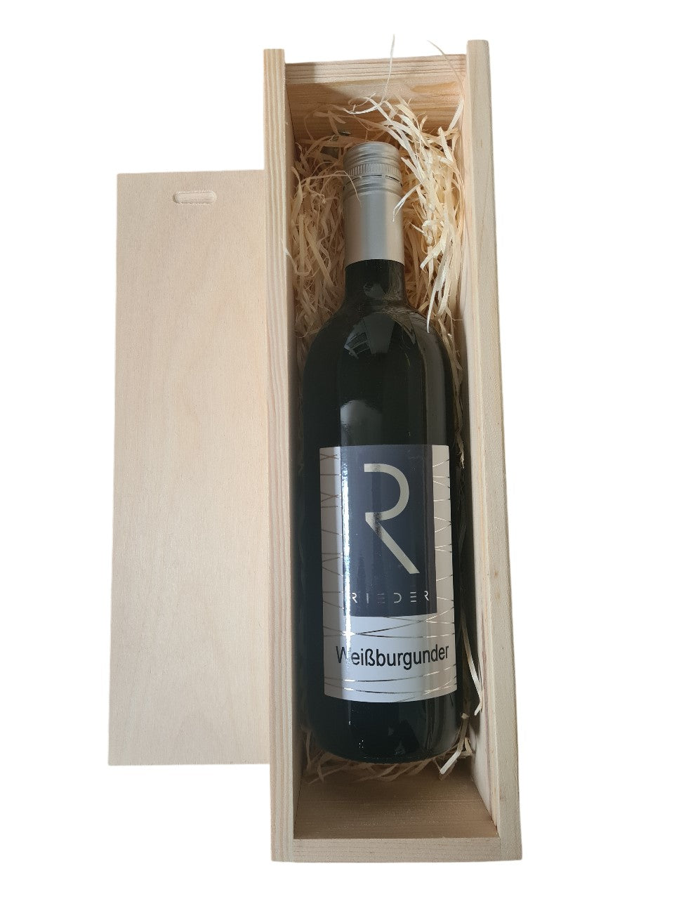 Holzbox mit Tragekordel und Schiebedeckel mit einer Flasche Wein Weißburgunder