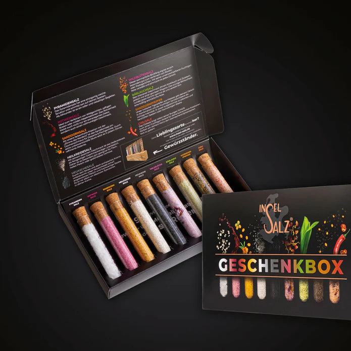 Rügener Inselsalz  GESCHENKBOX - 9 Röhrchen + GEWÜRZSTÄNDER
