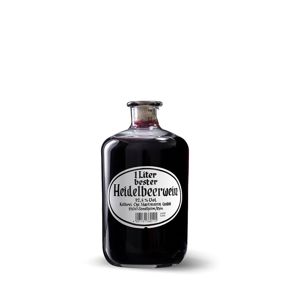 Apothekerflasche Fruchtwein Heidelbeer mit Holzbox und Tragekordel