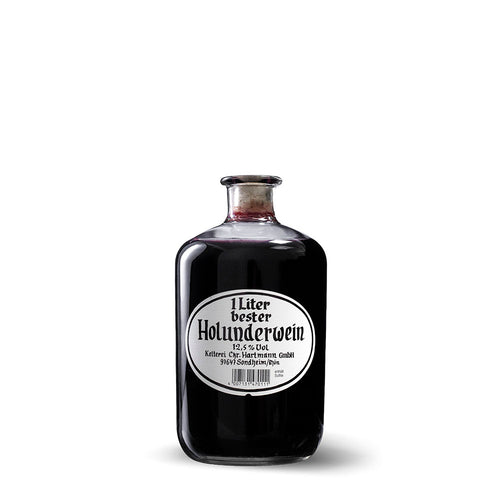 Apothekerflasche Fruchtwein Holunder mit Holzbox und Tragekordel