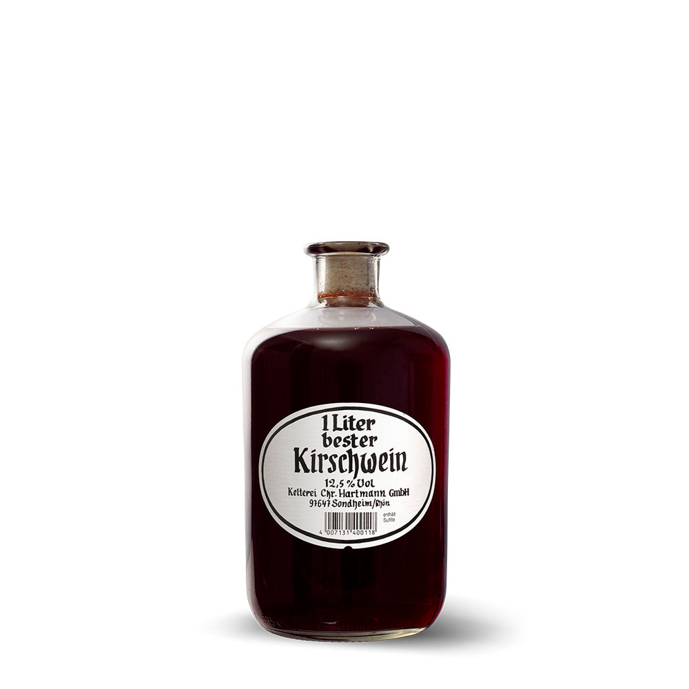 Apothekerflasche Fruchtwein Kirsch mit Holzbox und Tragekordel